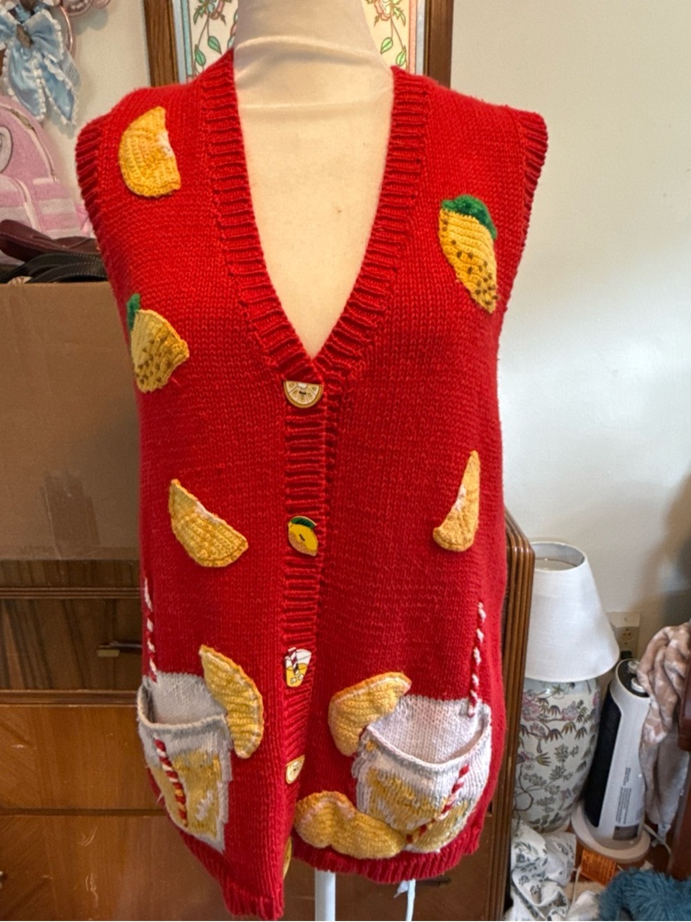 Eagle's Eye Red Knit Vest with Yellow lemonade Appliqués hand